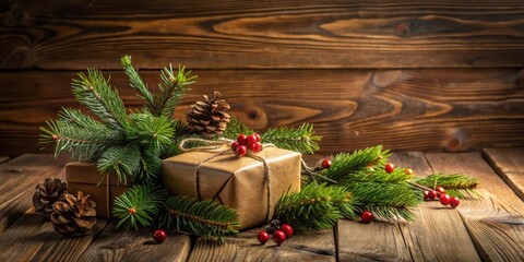 Poster - A rustic Christmas present wrapped in brown paper with twine and decorated with red berries sits nestled in a bed of evergreen branches on a weathered wooden table.