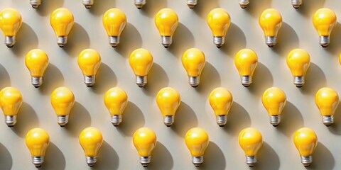 Poster - A Repeating Pattern of Yellow Light Bulbs Arranged in a Grid on a Light Grey Background, Creating a Visual Representation of Ideas, Innovation, and Creativity.