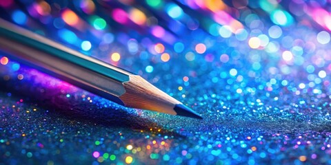 Poster - A single pencil lays on a bed of glittering, iridescent blue sparkles, illuminated by a background of blurred colored lights.