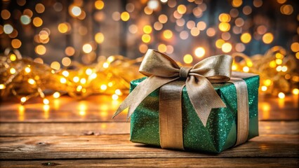 Poster - A green gift box with a gold bow sits on a rustic wooden table in front of a warm bokeh background of twinkling lights.