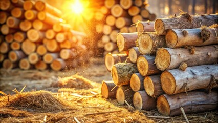 Poster - A stack of logs in the golden hour, bathed in sunlight, casting a warm glow and creating a beautiful, natural scene.