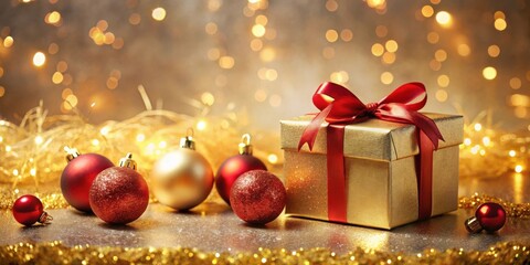 Poster - Golden Gift Box Surrounded by Red and Gold Christmas Ornaments with a Festive Bokeh Background