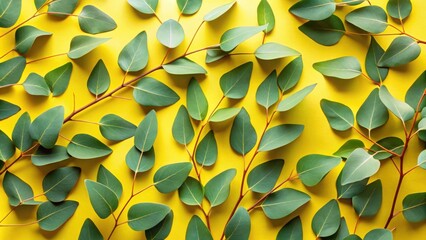 Fototapete - A vibrant arrangement of eucalyptus leaves on a bright yellow background, showcasing the natural beauty and texture of this versatile foliage.