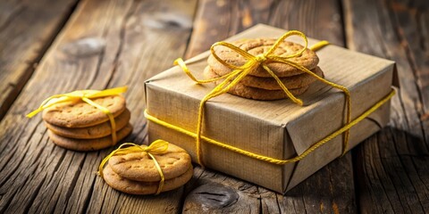 Poster - Rustic Gift Box Wrapped in Brown Paper and Tied with Yellow String, Accompanied by a Stack of Cookies on a Wooden Table