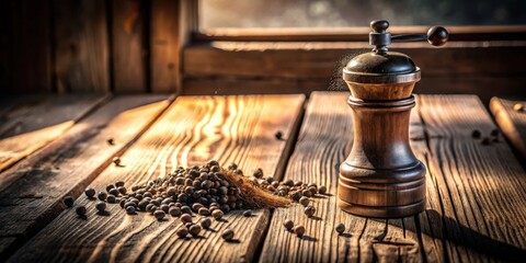 Wall Mural - A rustic wooden pepper grinder sits on a weathered table, its gears turning as it dispenses fragrant peppercorns, illuminating the scene with a warm glow.