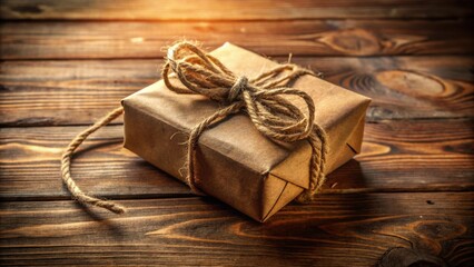 Poster - A rustic brown gift box tied with twine, resting on a weathered wooden surface, bathed in warm sunlight.