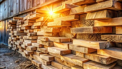 Poster - A Stack of Wooden Planks Bathed in Warm Sunlight, Creating a Textured Pattern of Natural Beauty