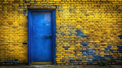 Aufkleber - A solitary blue door stands against a backdrop of vibrant yellow brick, creating a striking contrast of color and texture.