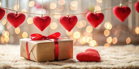 Poster - A romantic gift box wrapped in brown paper with a red ribbon, adorned with a single red heart, nestled amidst a string of hearts against a backdrop of warm bokeh lights.