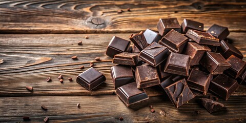 Poster - A heap of dark chocolate squares sits on a rustic wooden surface, creating a rich and inviting scene for a chocolate lover.