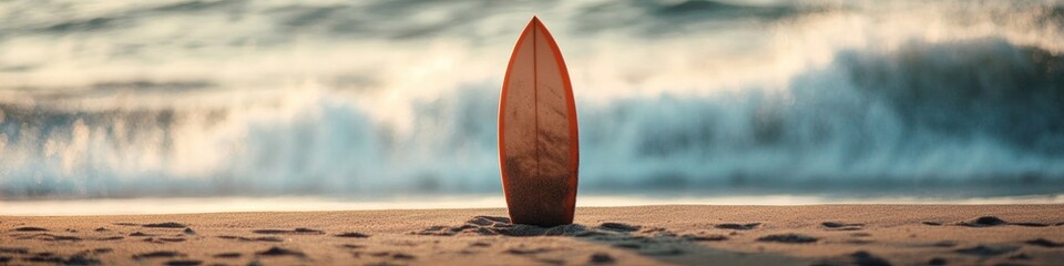 Surfboard stands on sandy beach, waves crash in background, evok