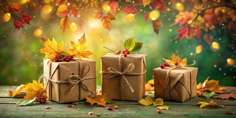 Poster - Autumnal Gift Boxes Wrapped in Brown Paper with Twine and Adorned with Fall Foliage and Berries