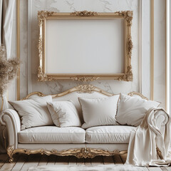 Poster - A cozy living room with vintage-inspired decor, featuring a bright and crisp atmosphere. A blank golden frame with intricate detailing is mounted on the wall above the sofa.