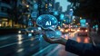 © O - Ai concept with digital brain and technology icons in urban night scene