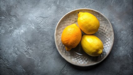 Aufkleber - A trio of lemons arranged on a textured ceramic plate, offering a fresh burst of citrus against a cool gray backdrop.