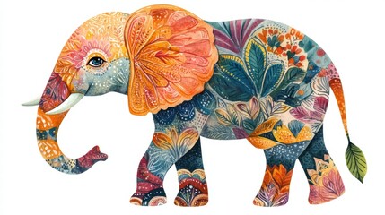 Aufkleber - Vibrant illustration of an elephant showcasing intricate floral patterns and colors with plenty of empty space for text. Generative AI