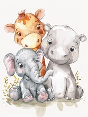 Wall Mural - three cute cartoon animals, a giraffe, an elephant, and a rhino, are sitting together in a grassy ar