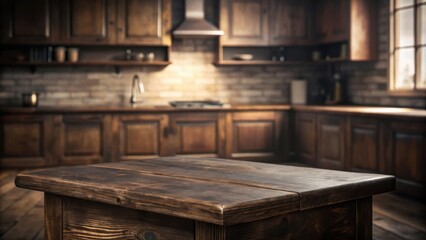 Poster - Rustic Wooden Tabletop with Blurred Background of a Kitchen with Cabinets, Brick Wall, and a Window
