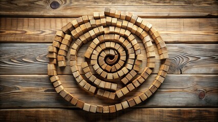 Aufkleber - A spiral of wooden blocks arranged in a circular pattern against a rustic wooden background.