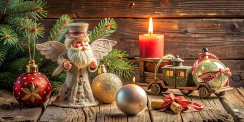 Poster - A festive arrangement of holiday decor featuring a whimsical angel figurine, sparkling ornaments, and burning candles, creating a warm and inviting winter ambiance.