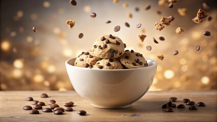 Poster - Chocolate chip cookies falling into a bowl on a wooden table with a blurred bokeh background.
