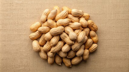 Poster - A heap of unshelled peanuts, arranged in a circular shape, on a textured brown background.