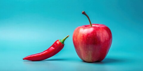 Aufkleber - A single red apple and a single red chili pepper on a turquoise background with space for text.