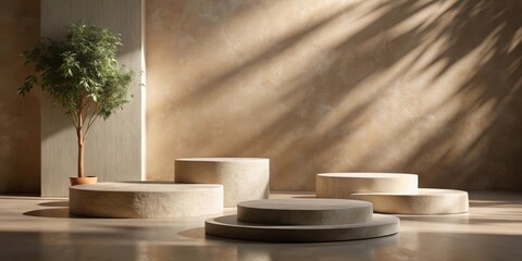 Poster - Minimalist Stone Podiums with Natural Light and a Green Plant in a Softly Lit Interior