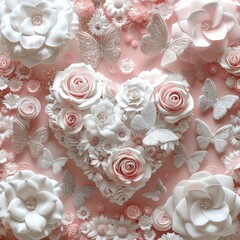Aufkleber - 3D heart, white roses, and pink butterflies on the background, pink color palette, white glitter hearts, white metallic shiny details, pink and silver glitter background.
