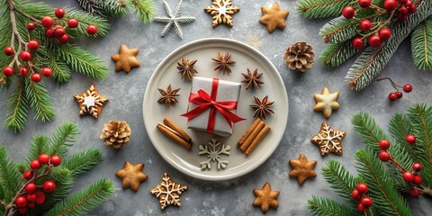 Poster - A festive winter centerpiece featuring a small gift, cinnamon sticks, star anise, pine cones, and gingerbread cookies on a plate surrounded by evergreen branches and red berries.