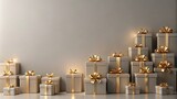A festive arrangement of golden gift boxes with elegant bows, arranged in a cascading formation against a neutral backdrop.