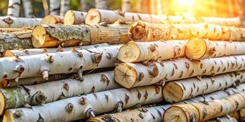 Poster - A Stack of Birch Logs Bathed in Golden Sunlight, the Light Filtering Through the Gaps and Highlighting the Distinctive Bark Patterns