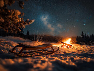 Romantisches Winterlagerfeuer mit Schlitten unter dem Sternenhimmel

