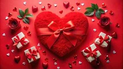 Poster - Red plush heart with bow surrounded by red roses and gifts on a red background