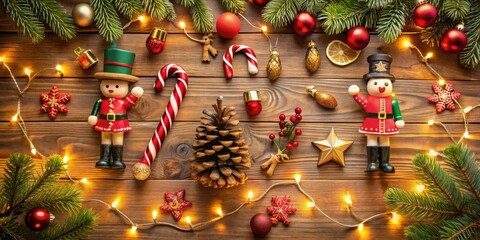 Poster - A Festive Christmas Tabletop with Ornaments, Candy Canes, Pinecones, and Twinkling Lights