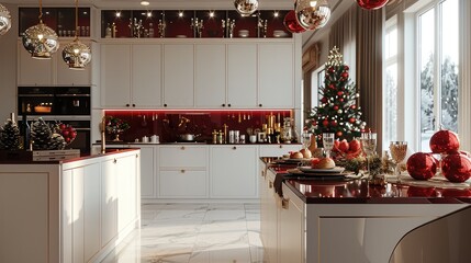 Poster - An ultra luxury kitchen, clean, Christmas food, red and white color palette, Christmas vibe.
