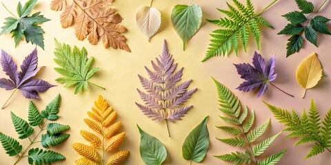Poster - A vibrant collection of fall leaves arranged on a soft, yellow background showcasing the beauty of nature's diverse palette.