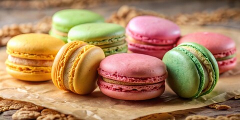 Aufkleber - A delightful assortment of pastel macarons, each with a delicate shell and a creamy filling, rests on a rustic parchment paper, inviting a sweet and indulgent treat.