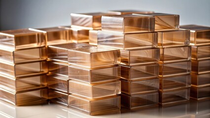 Poster - A stack of translucent amber-colored rectangular blocks arranged in an asymmetrical pattern, reflecting light and creating a visually interesting composition.
