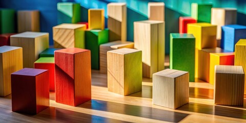 Aufkleber - A vibrant array of wooden blocks, arranged in a chaotic yet harmonious composition, casts captivating shadows across a warm wooden surface, showcasing the interplay of light and color.