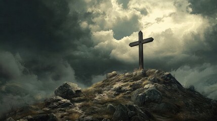 Wall Mural - Dramatic Landscape of a Cross on a Hill Surrounded by Dark Stormy Clouds and Boulders, Symbolizing Faith and Reflection in Nature's Majesty