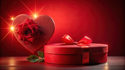 Poster - A heart-shaped box adorned with a single red rose rests beside a round red box tied with a satin ribbon, all against a backdrop of shimmering red lights.