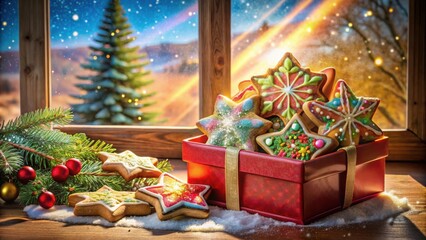 Poster - A Festive Winter Scene with a Gift Box Filled with Star-Shaped Gingerbread Cookies, Decorated with Colorful Icing and Sprinkles, Beside a Christmas Tree and a Snowy Window View
