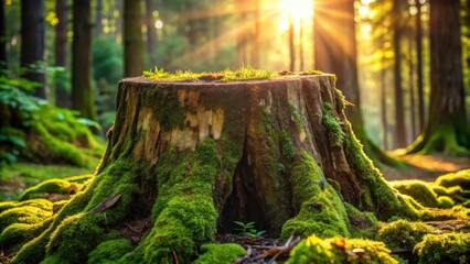 Poster - A moss-covered tree stump in a sun-dappled forest, showcasing the beauty of nature's resilience and the passage of time.