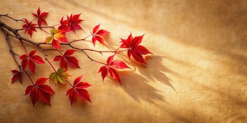 Aufkleber - A solitary branch with crimson leaves casts long shadows on a textured, warm brown surface, revealing the beauty of autumn's fleeting embrace.