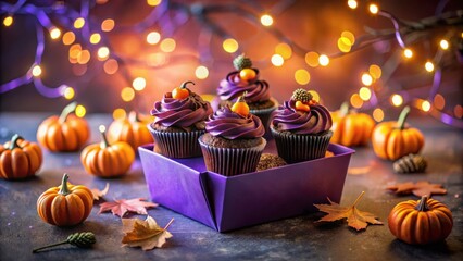 Poster - Purple Frosted Cupcakes with Pumpkin Decorations in a Purple Gift Box Surrounded by Mini Pumpkins and Autumn Leaves