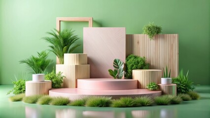 Aufkleber - Minimalist product display with wooden podiums, pink platform, and lush greenery against a light green background.