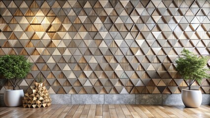 Poster - Geometric Wooden Wall with Plants and Empty Floor Space