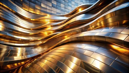 Aufkleber - Abstract Metallic Wall with Fluid, Curving Panels and a Warm, Golden Glow