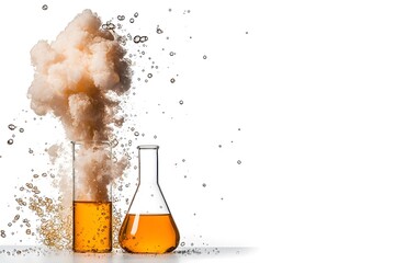 a dramatic image of a chemical reaction taking place in laboratory glassware.